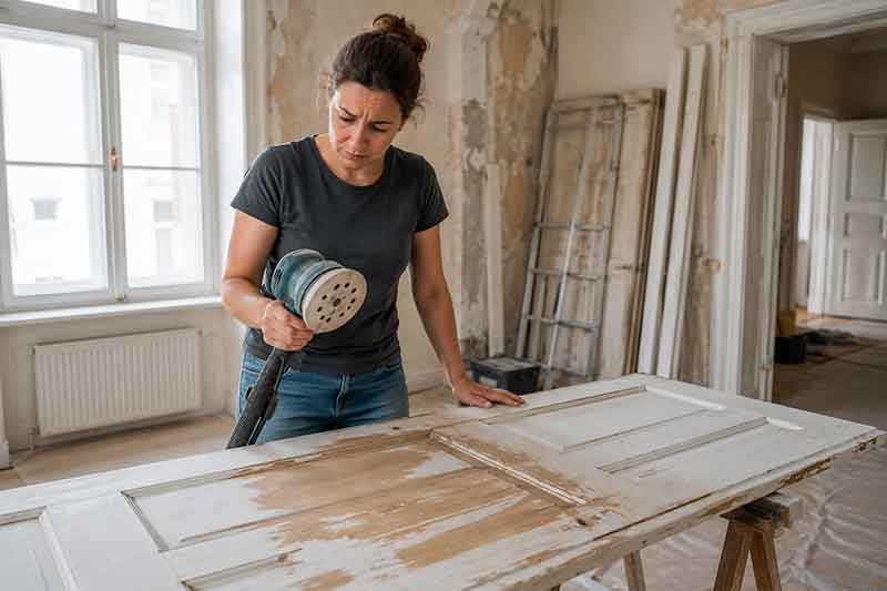 Frau-beim-Abschleifen-einer-alten-Tür