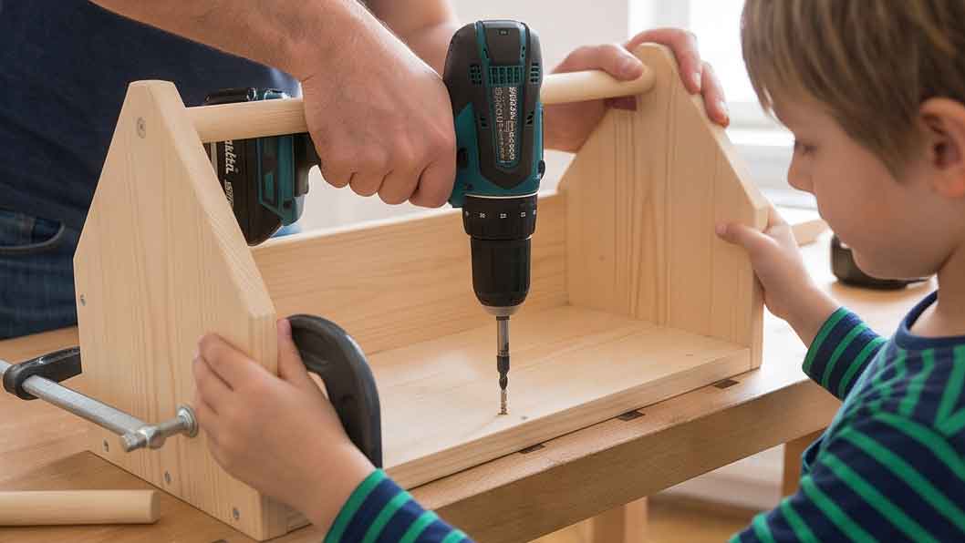 Vater und Sohn bohren Werkzeugkiste